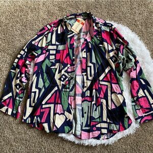 Big Dart Button Down Multicolor Top Abstract Print Retro New Womens Size XXL